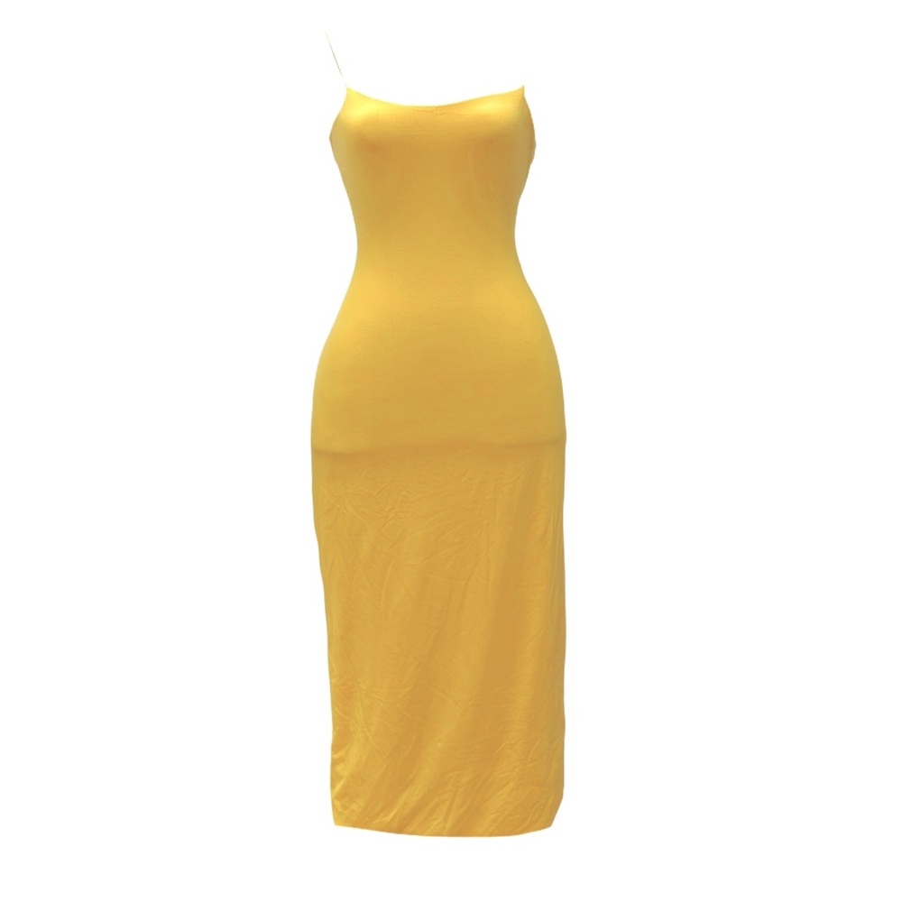 Pastel yellow  midi dress with elastic spaghetti straps